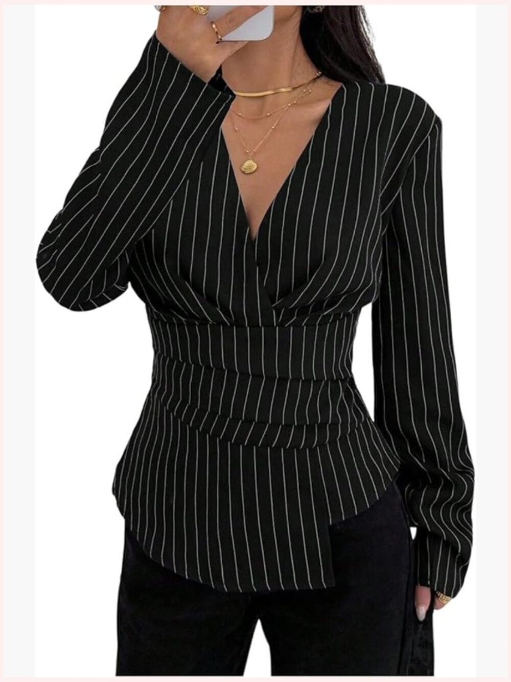 Striped Long Sleeve Wrap V Neck Asymmetrical Blouse Business Casual Top